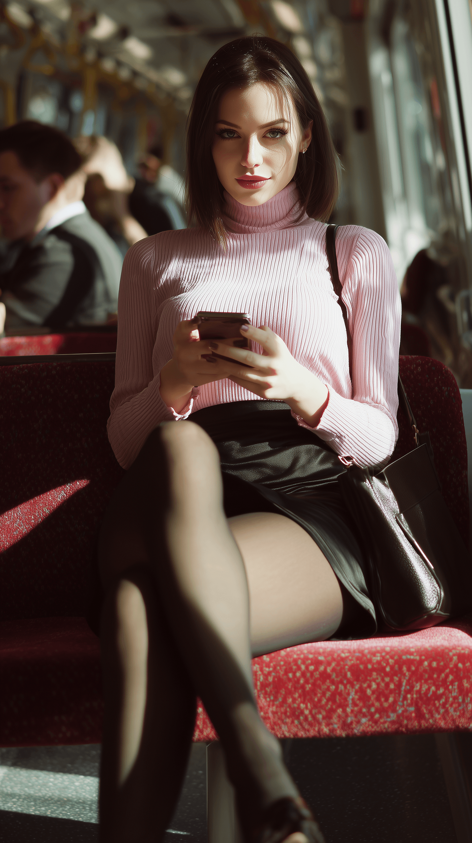 Hyper-realistic photo of a European woman commuting on a morning subway